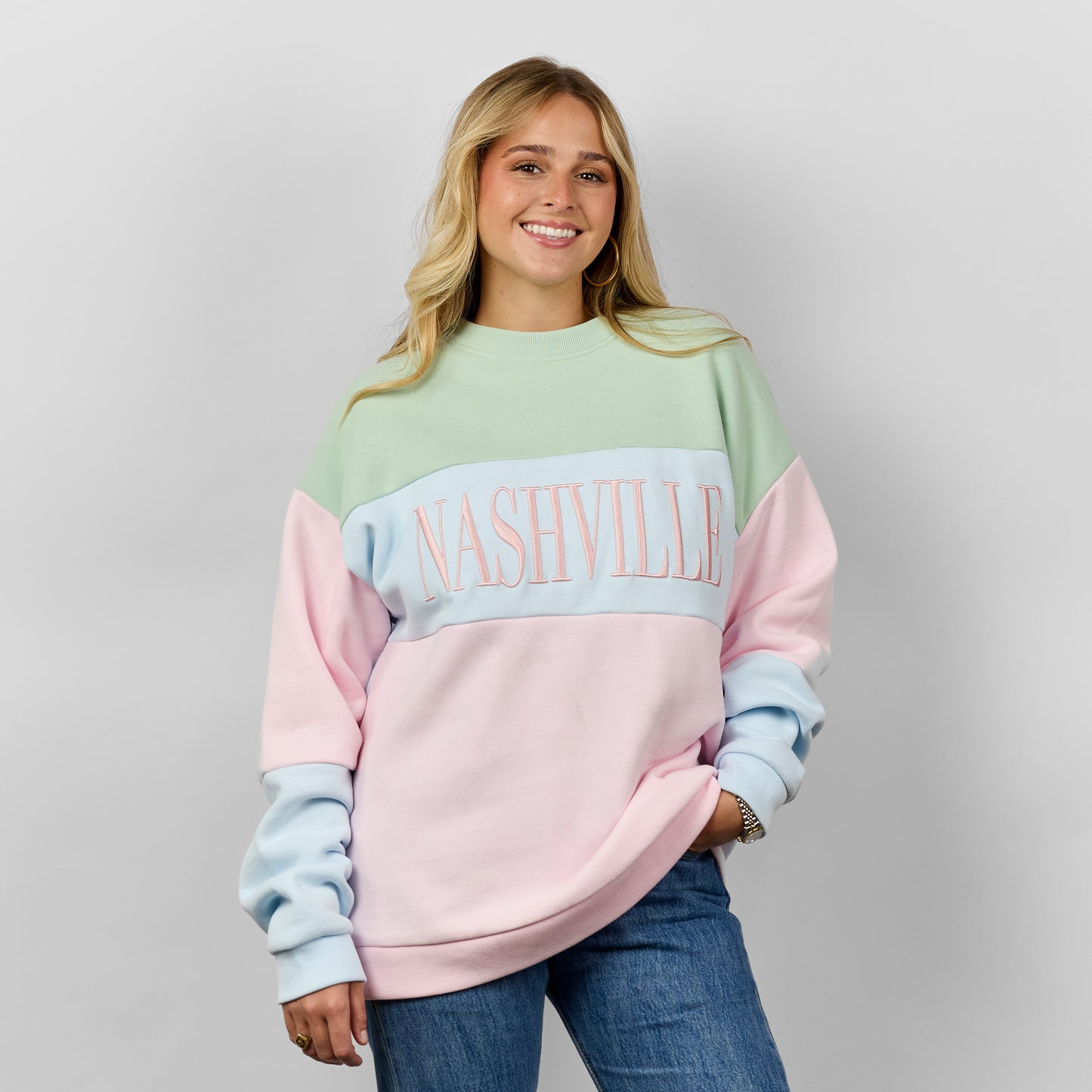 Nashville Color Block Crewneck [Green/Blue/Pink]