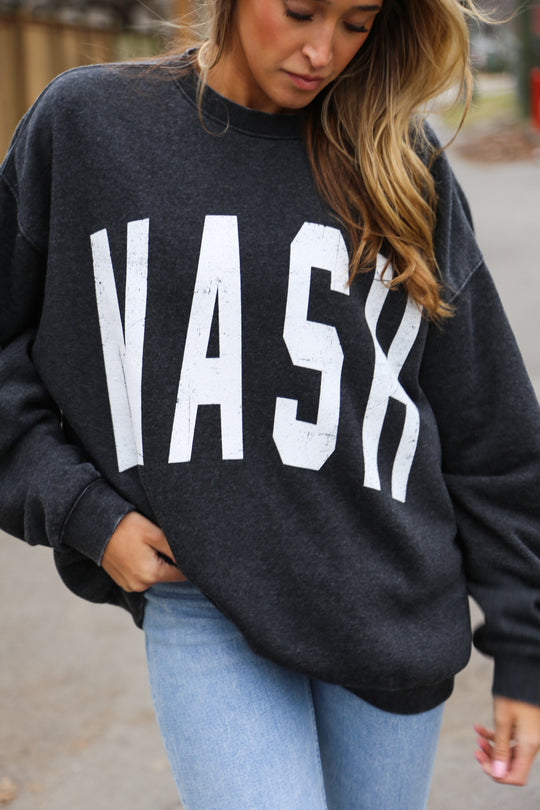 Black oversized vintage wash crewneck with oversized ‘nash’ screen printed on the front 