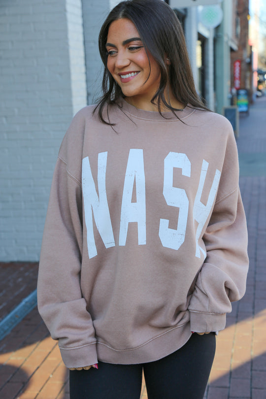 Light Tan/Taupe oversized vintage wash crewneck with oversized ‘nash’ screen printed on the front 