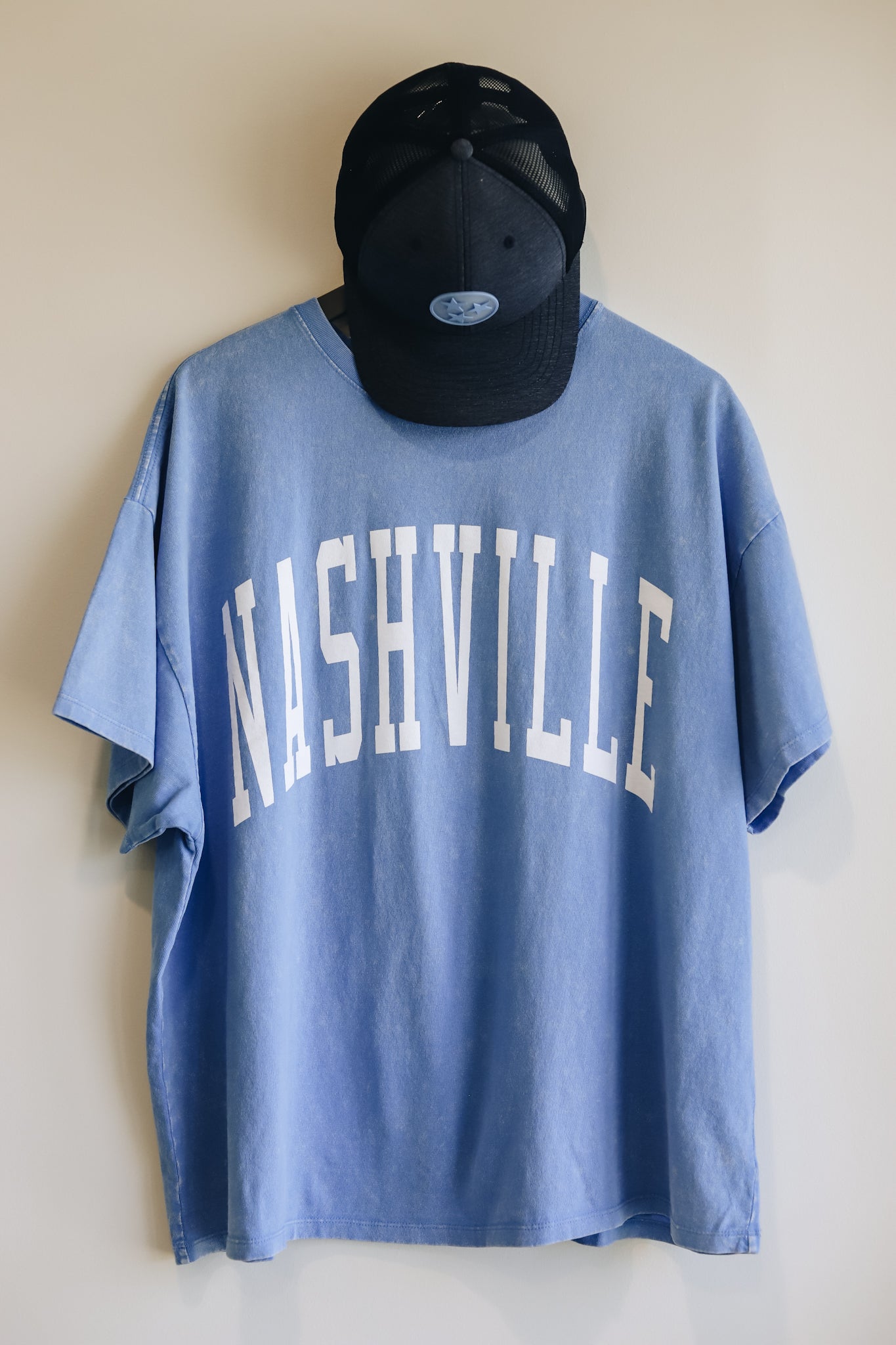 Hanging photo of Kacey oversize tee in blue 
