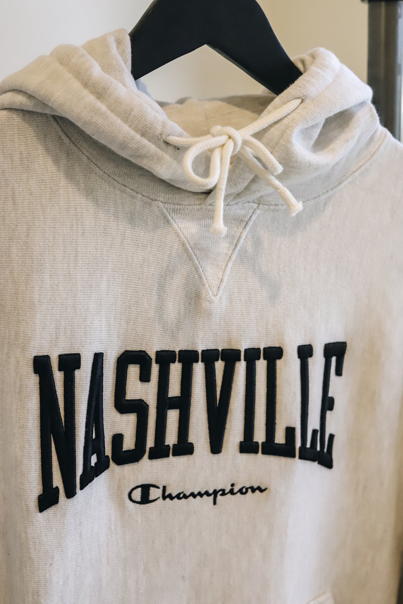 Up close view of the embroidered Nashville across the chest. 
