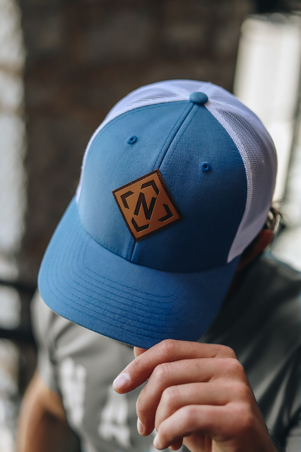 Front view of the iconic leather patch trucker
