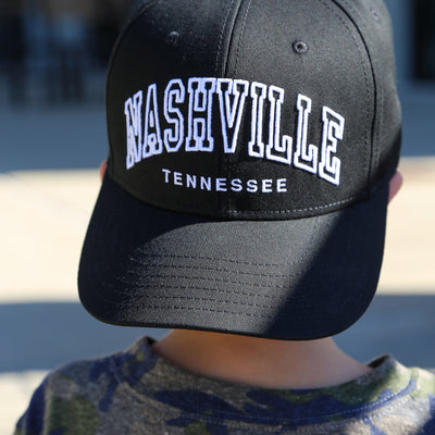 Front view of the black youth kids snapback. Arched Nashville embroidered on front. 