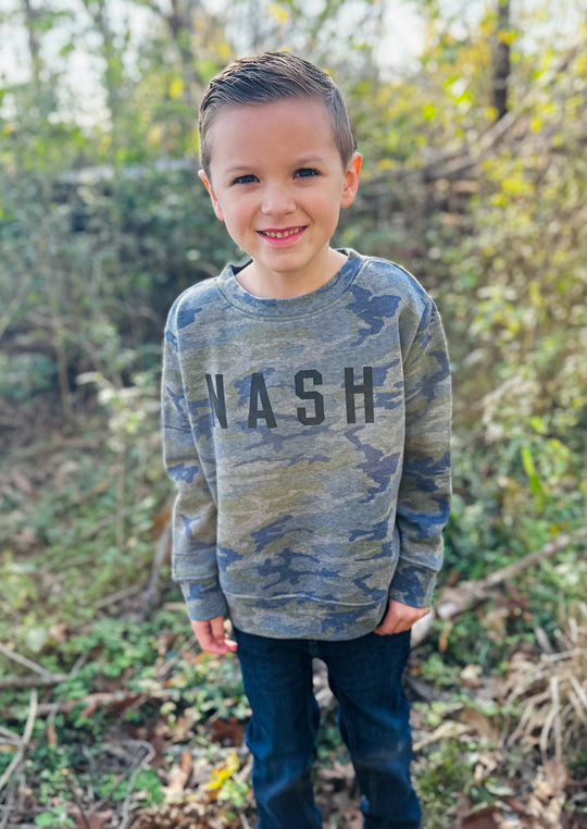 Camo toddler and youth sweatshirt featuring NASH screen printed across chest