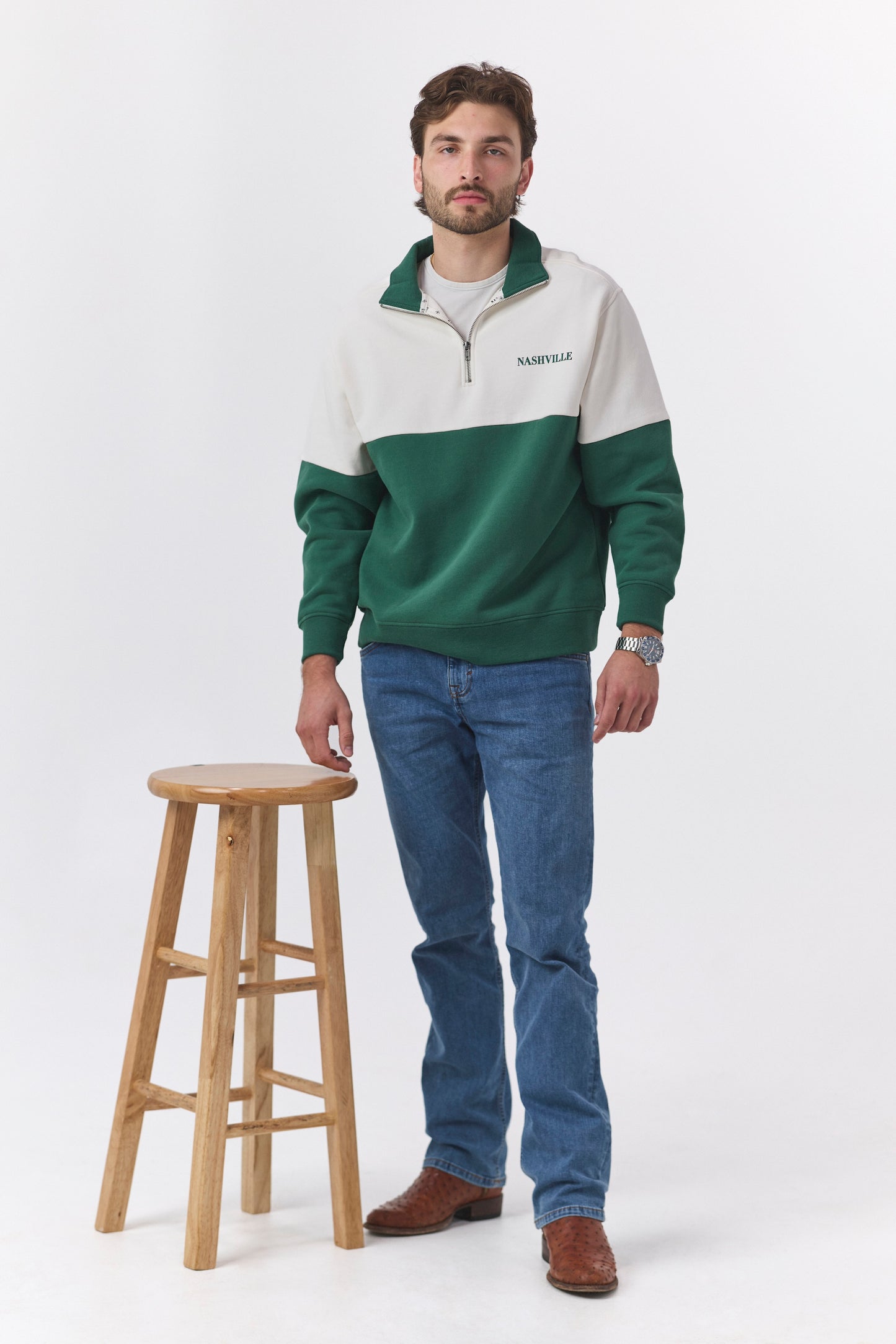 Tiny Nashville Color Block Quarter Zip [Cream/Pine]