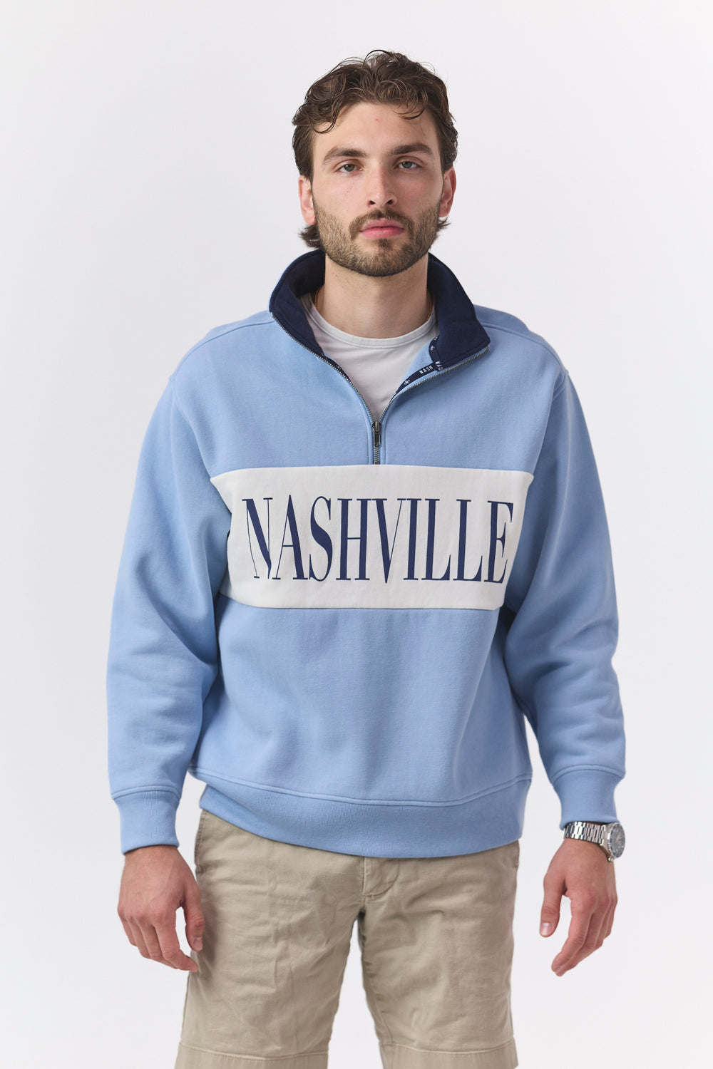 Callie Color Block Quarter Zip [Slate Blue/Cream]