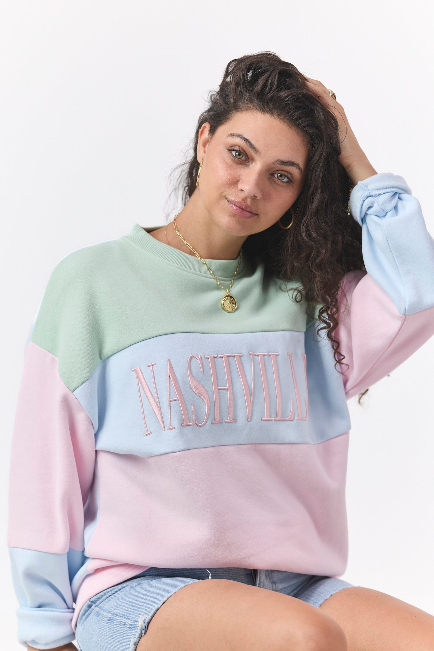 Nashville Color Block Crewneck [Green/Blue/Pink]