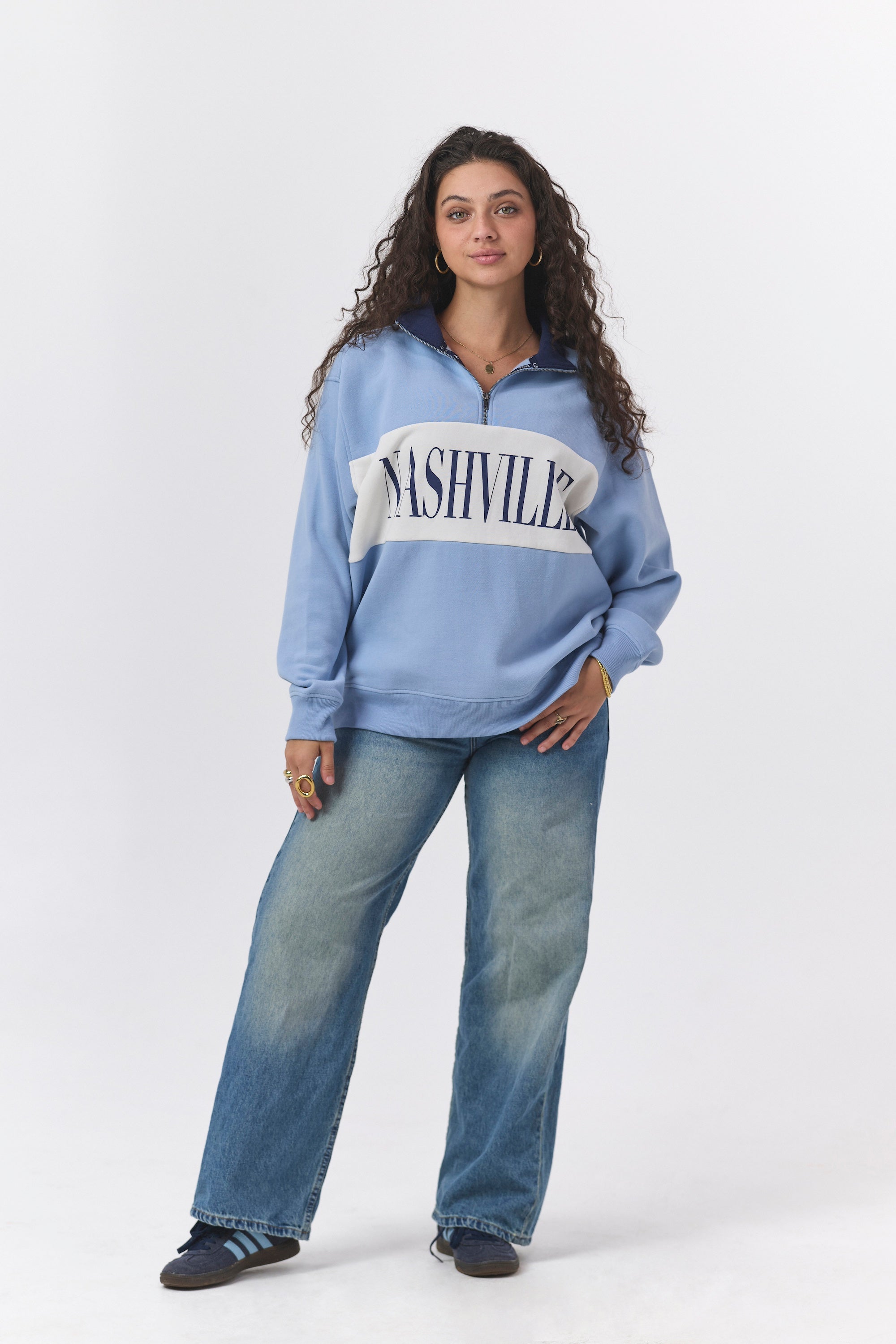 Callie Color Block Quarter Zip [Slate Blue/Cream] – The Nash
