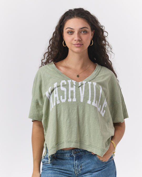 Celina Cropped V Neck Tee [Sage Green]